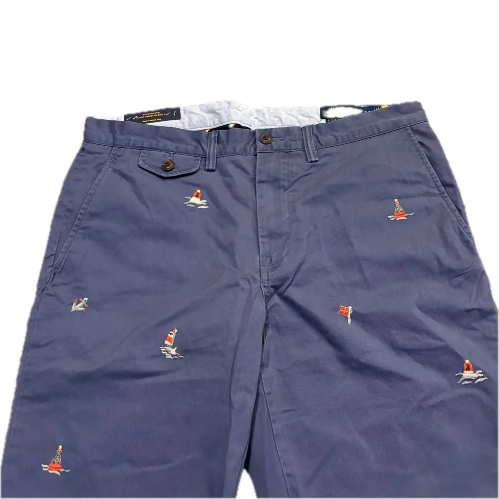 Polo Ralph Lauren Mens Navy Nautical Embroidered Stretch Straight Pant 34x32 NWT